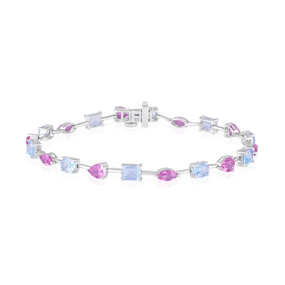 Multi-Shaped Lab-Created Aquamarine and Pink Lab-Created Sapphire Line Bracelet in Sterling Silver