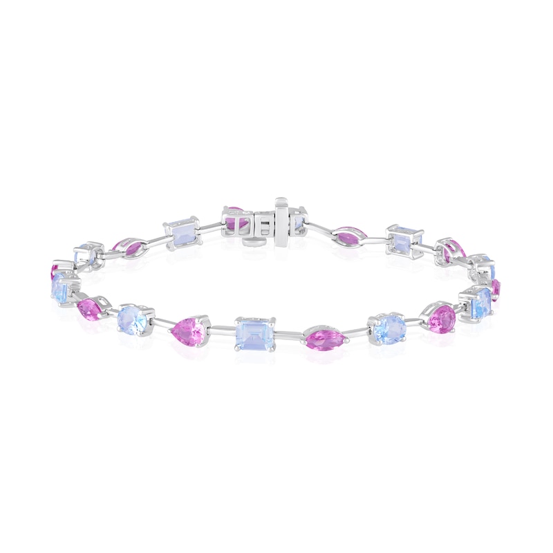 Main Image 1 of Multi-Shaped Lab-Created Aquamarine and Pink Lab-Created Sapphire Line Bracelet in Sterling Silver