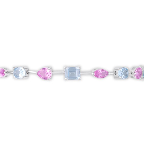 Multi-Shaped Lab-Created Aquamarine and Pink Lab-Created Sapphire Line Bracelet in Sterling Silver