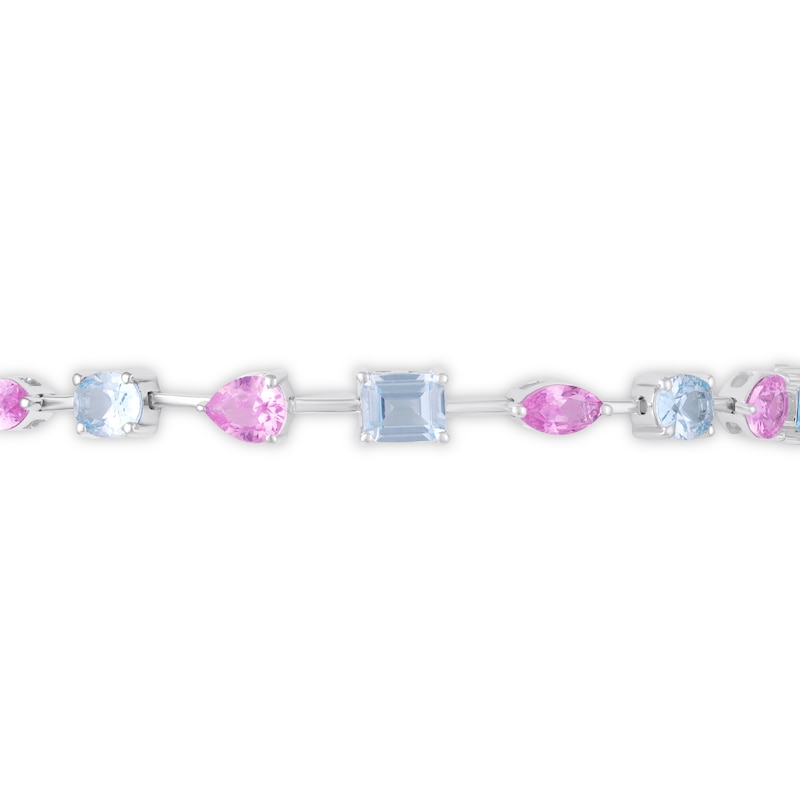 Main Image 2 of Multi-Shaped Lab-Created Aquamarine and Pink Lab-Created Sapphire Line Bracelet in Sterling Silver