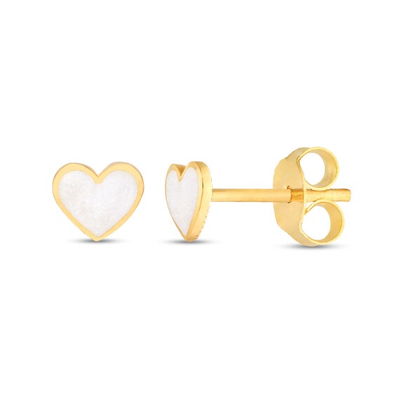 White Enamel Heart Stud Earrings in Solid 14K Gold