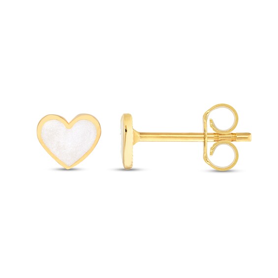 White Enamel Heart Stud Earrings in Solid 14K Gold