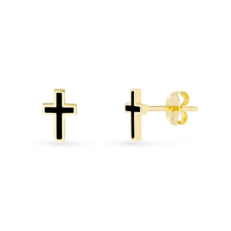 Main Image 1 of Black Enamel Cross Stud Earrings in Solid 14K Gold