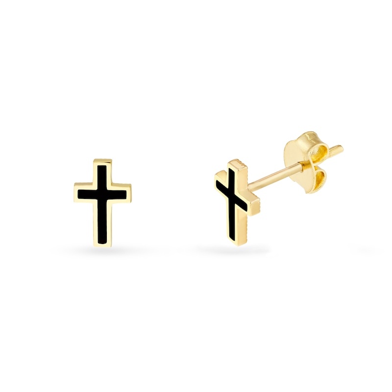 Main Image 2 of Black Enamel Cross Stud Earrings in Solid 14K Gold
