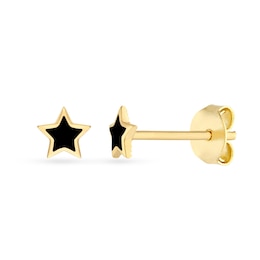 Black Enamel Star Stud Earrings in Solid 14K Gold