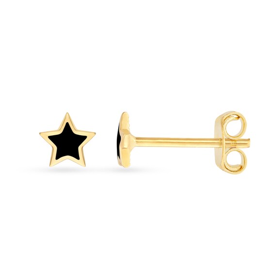 Black Enamel Star Stud Earrings in Solid 14K Gold