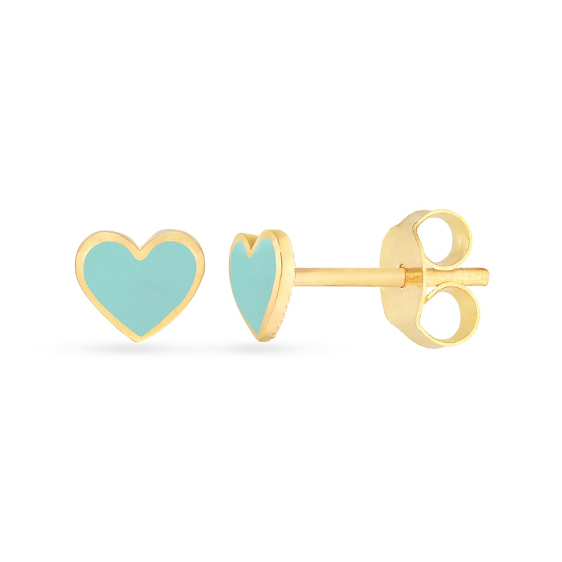 Main Image 1 of Turquoise Enamel Heart Stud Earrings in Solid 14K Gold