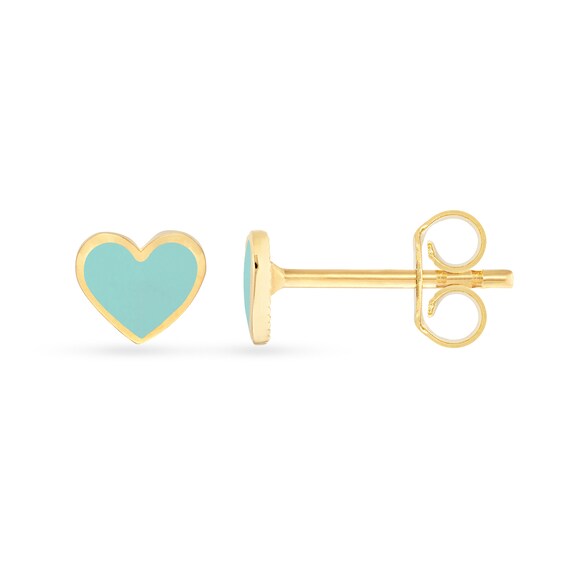 Turquoise Enamel Heart Stud Earrings in Solid 14K Gold