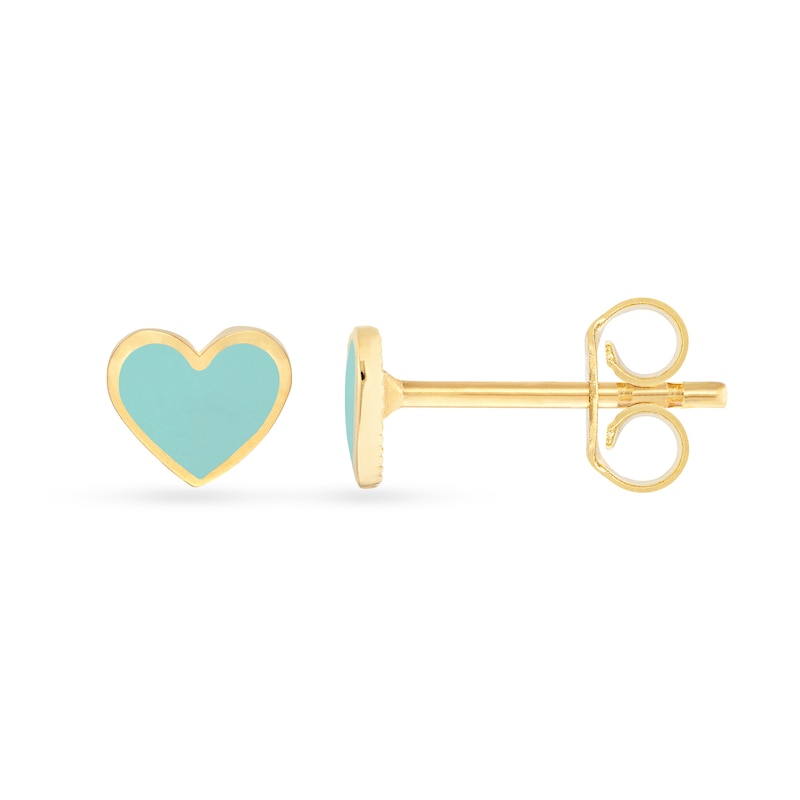 Main Image 2 of Turquoise Enamel Heart Stud Earrings in Solid 14K Gold