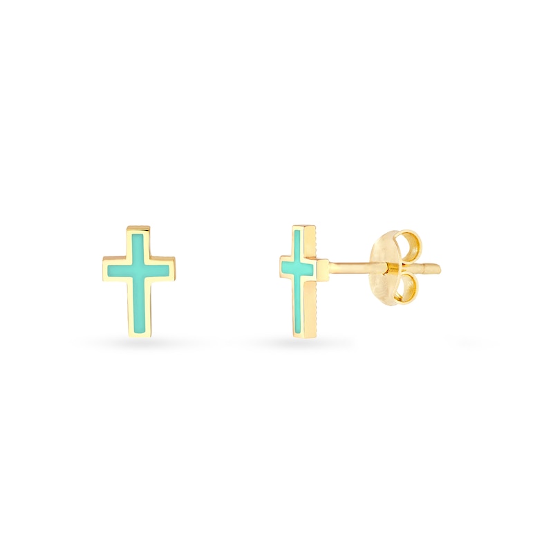 Main Image 1 of Turquoise Enamel Cross Stud Earrings in Solid 14K Gold