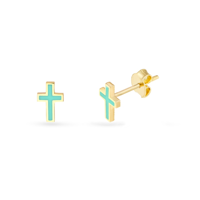 Main Image 2 of Turquoise Enamel Cross Stud Earrings in Solid 14K Gold