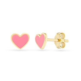 Pink Enamel Heart Stud Earrings in Solid 14K Gold