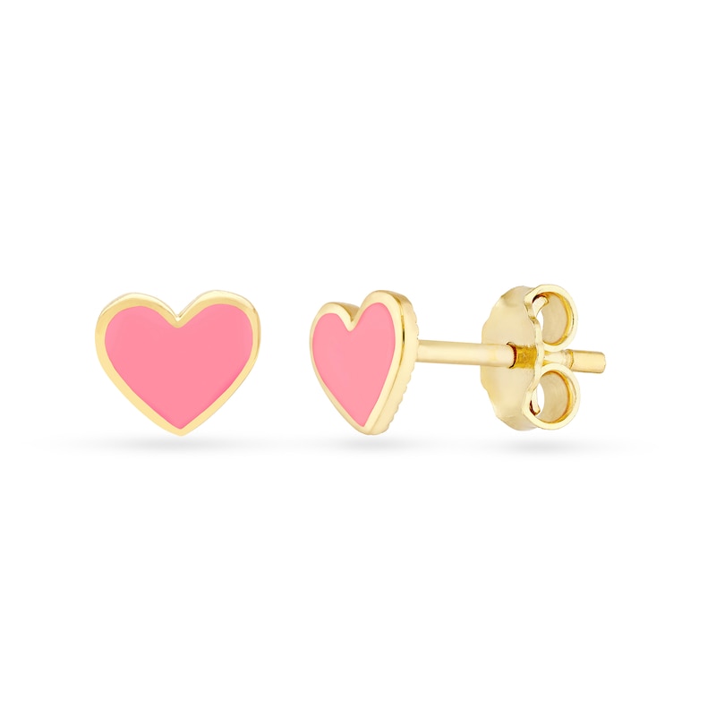 Main Image 1 of Pink Enamel Heart Stud Earrings in Solid 14K Gold