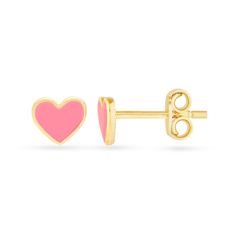 Main Image 2 of Pink Enamel Heart Stud Earrings in Solid 14K Gold