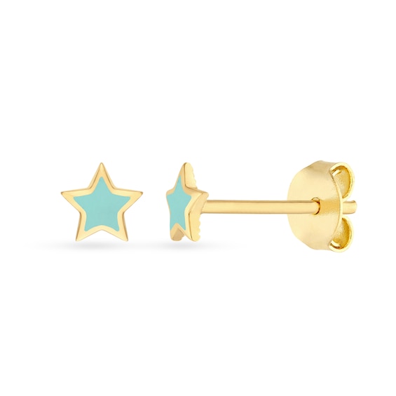 Turquoise Enamel Star Stud Earrings in Solid 14K Gold