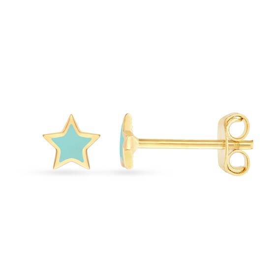 Turquoise Enamel Star Stud Earrings in Solid 14K Gold