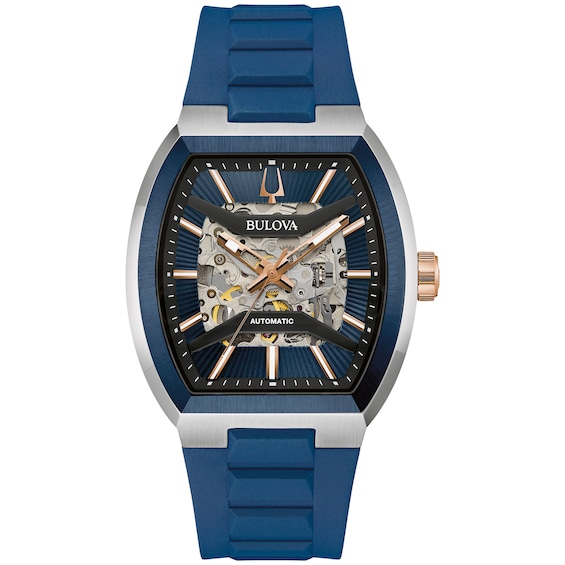 Menâs Bulova Maquina Blue Silicone Strap Automatic Watch with Tonneau Blue Skeleton Dial (Model: 98A318)