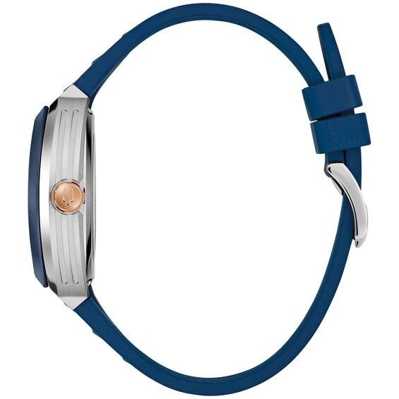 Menâs Bulova Maquina Blue Silicone Strap Automatic Watch with Tonneau Blue Skeleton Dial (Model: 98A318)