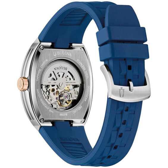 Menâs Bulova Maquina Blue Silicone Strap Automatic Watch with Tonneau Blue Skeleton Dial (Model: 98A318)