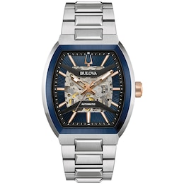 Men’s Bulova Maquina Two-Tone IP Automatic Watch with Tonneau Blue Skeleton Dial (Model: 98A319)