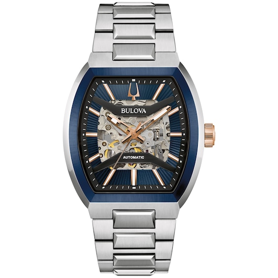 Menâs Bulova Maquina Two-Tone IP Automatic Watch with Tonneau Blue Skeleton Dial (Model: 98A319)