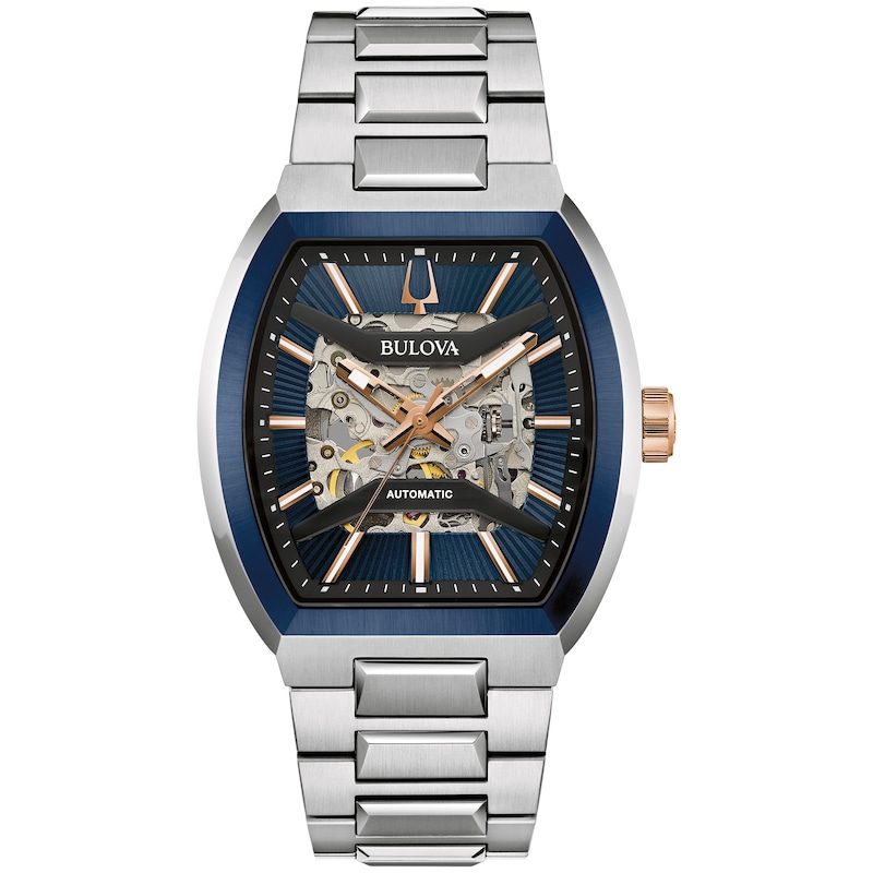 Main Image 1 of Men’s Bulova Maquina Two-Tone IP Automatic Watch with Tonneau Blue Skeleton Dial (Model: 98A319)
