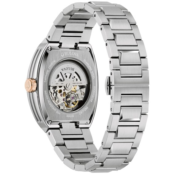 Menâs Bulova Maquina Two-Tone IP Automatic Watch with Tonneau Blue Skeleton Dial (Model: 98A319)