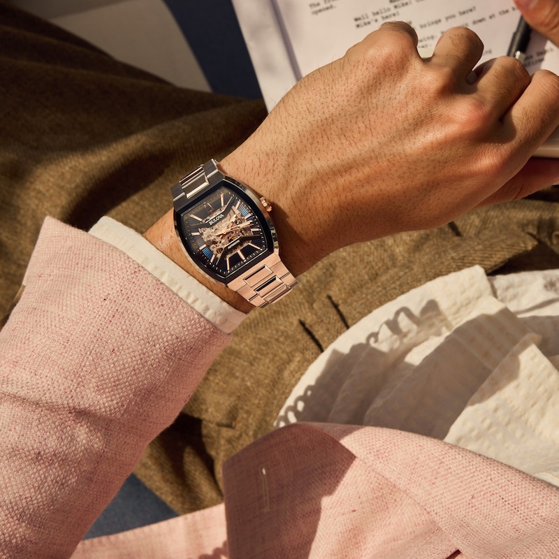 Main Image 4 of Men’s Bulova Maquina Two-Tone IP Automatic Watch with Tonneau Blue Skeleton Dial (Model: 98A319)