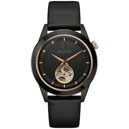 Men’s Bulova Millenia Two-Tone IP Black Leather Strap Automatic Watch with Black Skeleton Dial (Model: 98A322)