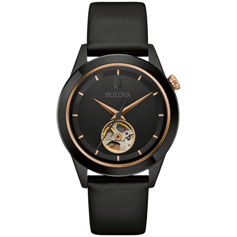Main Image 1 of Men’s Bulova Millenia Two-Tone IP Black Leather Strap Automatic Watch with Black Skeleton Dial (Model: 98A322)