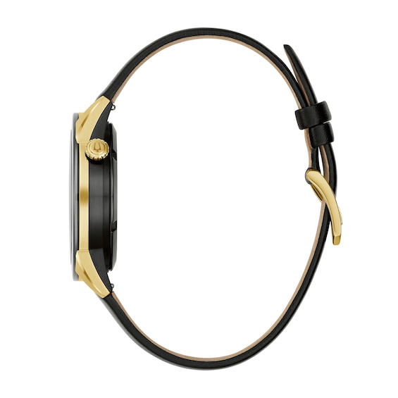 Men’s Bulova Apollo Two-Tone IP Black Leather Strap Automatic Watch with Black Skeleton Dial (Model: 98A327)