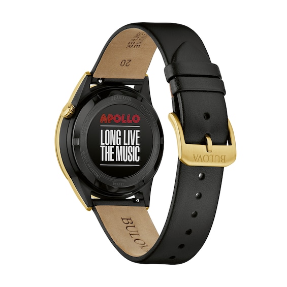 Men’s Bulova Apollo Two-Tone IP Black Leather Strap Automatic Watch with Black Skeleton Dial (Model: 98A327)