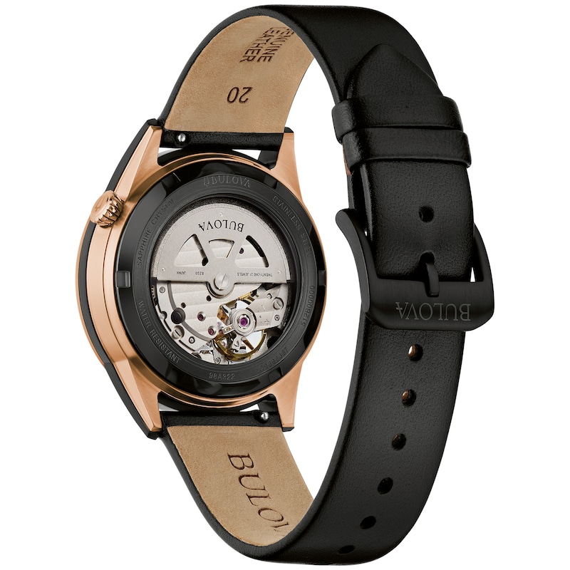 Main Image 3 of Men’s Bulova Millenia Two-Tone IP Black Leather Strap Automatic Watch with Black Skeleton Dial (Model: 98A322)