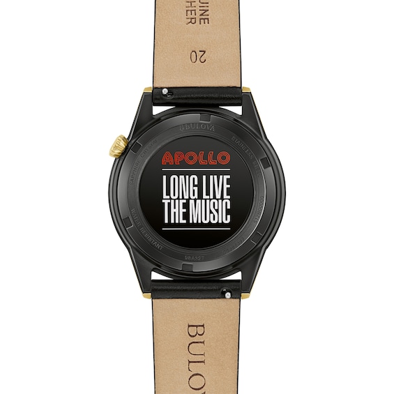 Men’s Bulova Apollo Two-Tone IP Black Leather Strap Automatic Watch with Black Skeleton Dial (Model: 98A327)