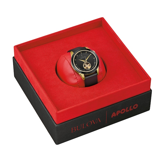 Men’s Bulova Apollo Two-Tone IP Black Leather Strap Automatic Watch with Black Skeleton Dial (Model: 98A327)