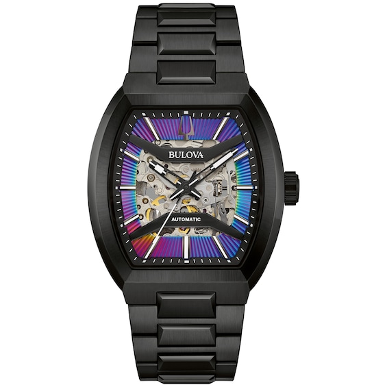 Menâs Bulova Maquina Black IP Automatic Watch with Tonneau Purple Skeleton Dial (Model: 98A320)