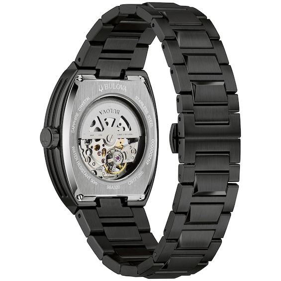 Menâs Bulova Maquina Black IP Automatic Watch with Tonneau Purple Skeleton Dial (Model: 98A320)