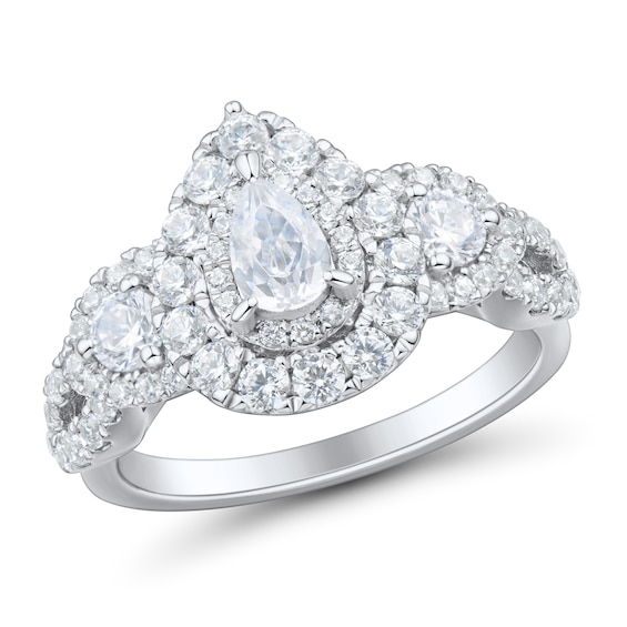 1-1/2 CT. T.w. Pear-Shaped and Round Diamond Three Stone Double Frame Split Shank Engagement Ring in 14K White Gold