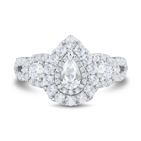 1-1/2 CT. T.w. Pear-Shaped and Round Diamond Three Stone Double Frame Split Shank Engagement Ring in 14K White Gold