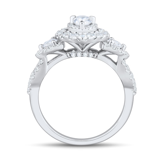 1-1/2 CT. T.w. Pear-Shaped and Round Diamond Three Stone Double Frame Split Shank Engagement Ring in 14K White Gold