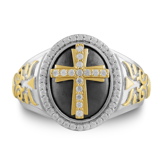 3/8 CT. T.w. Diamond Cross Oval-Top Tribal-Style Ring in Sterling Silver with 24K Gold Vermeil and Black Rhodium
