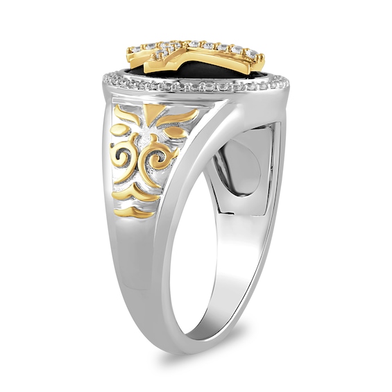 3/8 CT. T.w. Diamond Cross Oval-Top Tribal-Style Ring in Sterling Silver with 24K Gold Vermeil and Black Rhodium