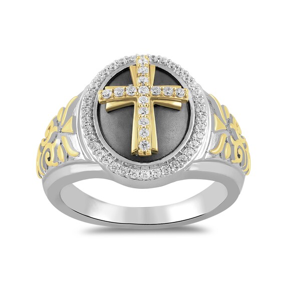 3/8 CT. T.w. Diamond Cross Oval-Top Tribal-Style Ring in Sterling Silver with 24K Gold Vermeil and Black Rhodium