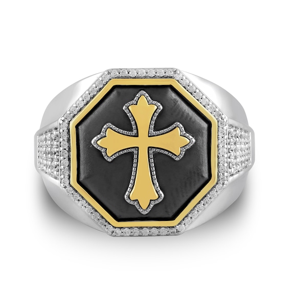 3/8 CT. T.w. Diamond Fleur-de-Lis Cross Octagon-Top Ring in Sterling Silver with 24K Gold Vermeil and Black Rhodium
