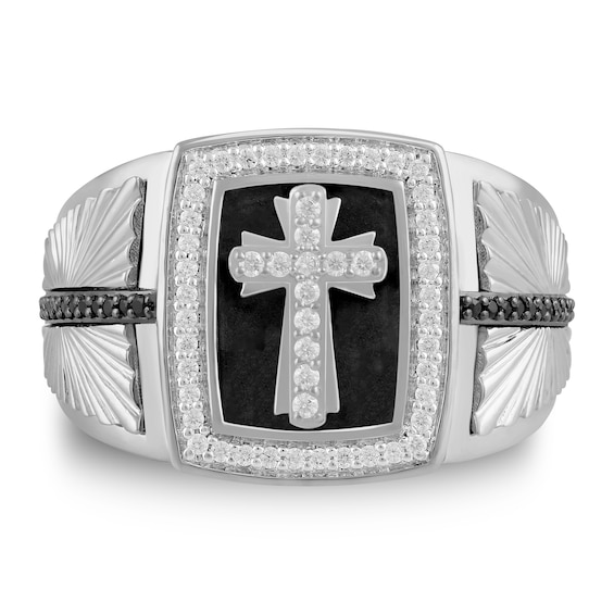 1/2 CT. T.w. Black and White Diamond Cross Rectangle-Top Ring Sterling Silver Rhodium