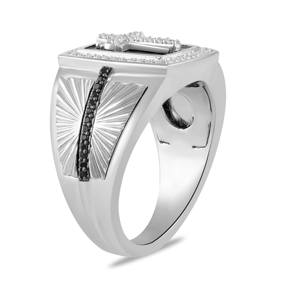 1/2 CT. T.w. Black and White Diamond Cross Rectangle-Top Ring Sterling Silver Rhodium