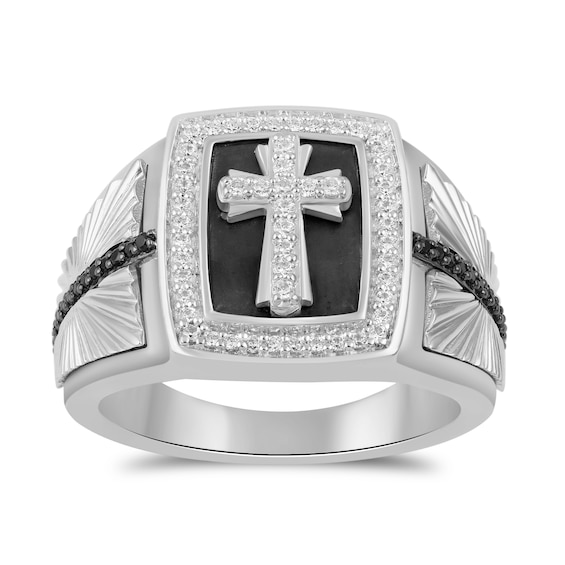 1/2 CT. T.w. Black and White Diamond Cross Rectangle-Top Ring Sterling Silver Rhodium