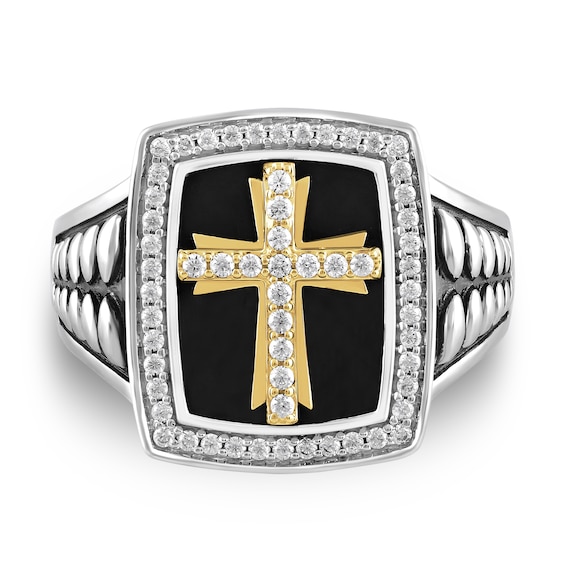 3/8 CT. T.w. Diamond Flared Cross Rectangle-Top Ring in Sterling Silver with 24K Gold Vermeil and Black Rhodium