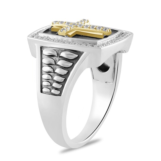 3/8 CT. T.w. Diamond Flared Cross Rectangle-Top Ring Sterling Silver with 24K Gold Vermeil and Black Rhodium