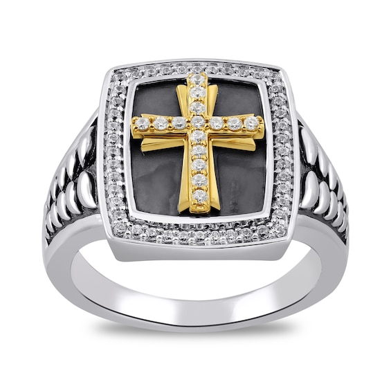 3/8 CT. T.w. Diamond Flared Cross Rectangle-Top Ring Sterling Silver with 24K Gold Vermeil and Black Rhodium